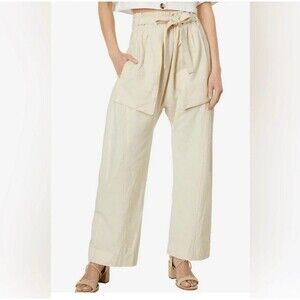Free People Sky Rider Straight Leg Pants Ecru XS Belted Paperbag Waist Cotton/li